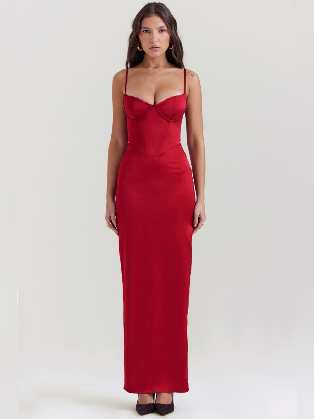 House of CB Stefania Ruby Corset Satin Maxi Dress Red M